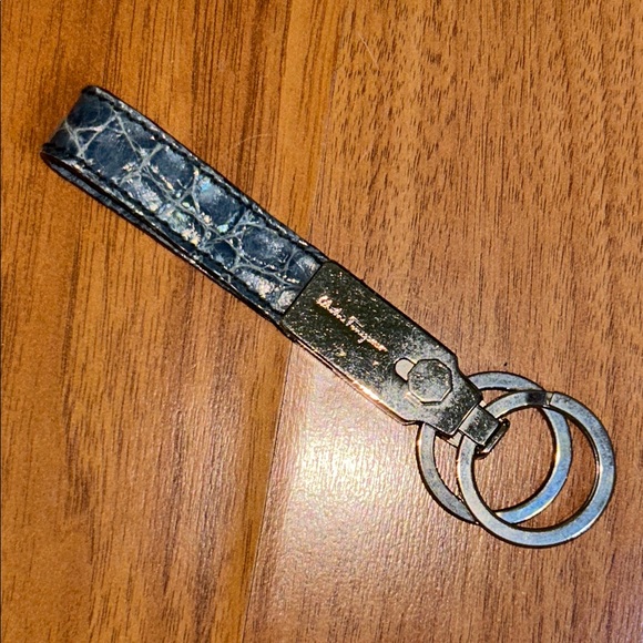 Authentic Salvatore Ferragamo Gancini Crocodile Embossed Leather Keychain